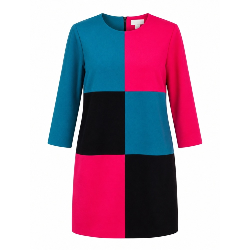 Vintage 80s Colorblock Mod Shift Dress Pink Teal Black Geometric Retro 14